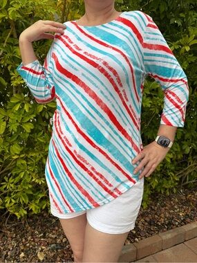 Peck & Peck XL Tunic Top Womens Plus Diagonal Stripe Asymmetric Hem 3/4 Sleeve